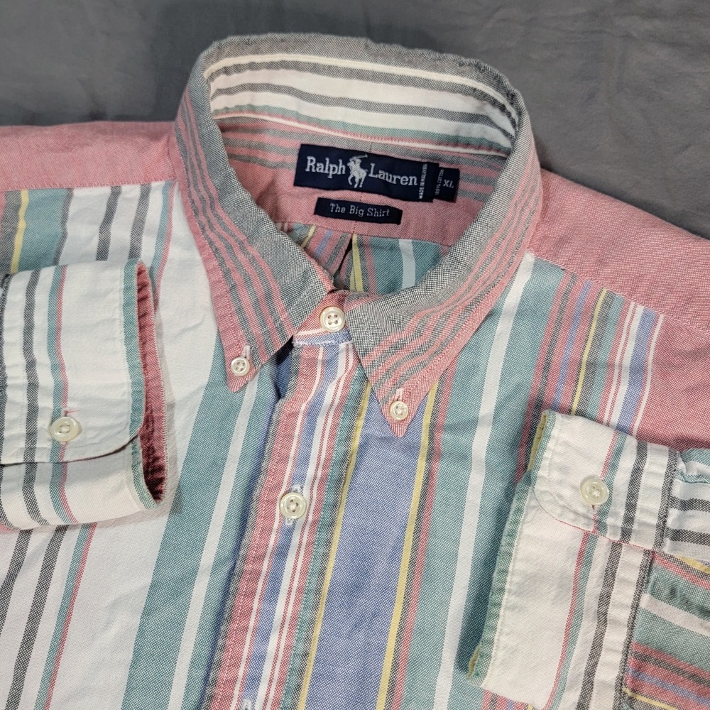 Polo Ralph Lauren Men's XL Multicolor Pastel Striped Oxford Blue Pony Button